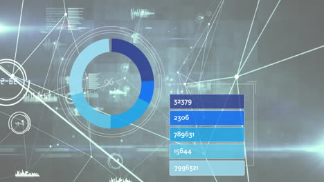 Animation of loading circle, numbers in bars over connected dots with graph icons and lens flares