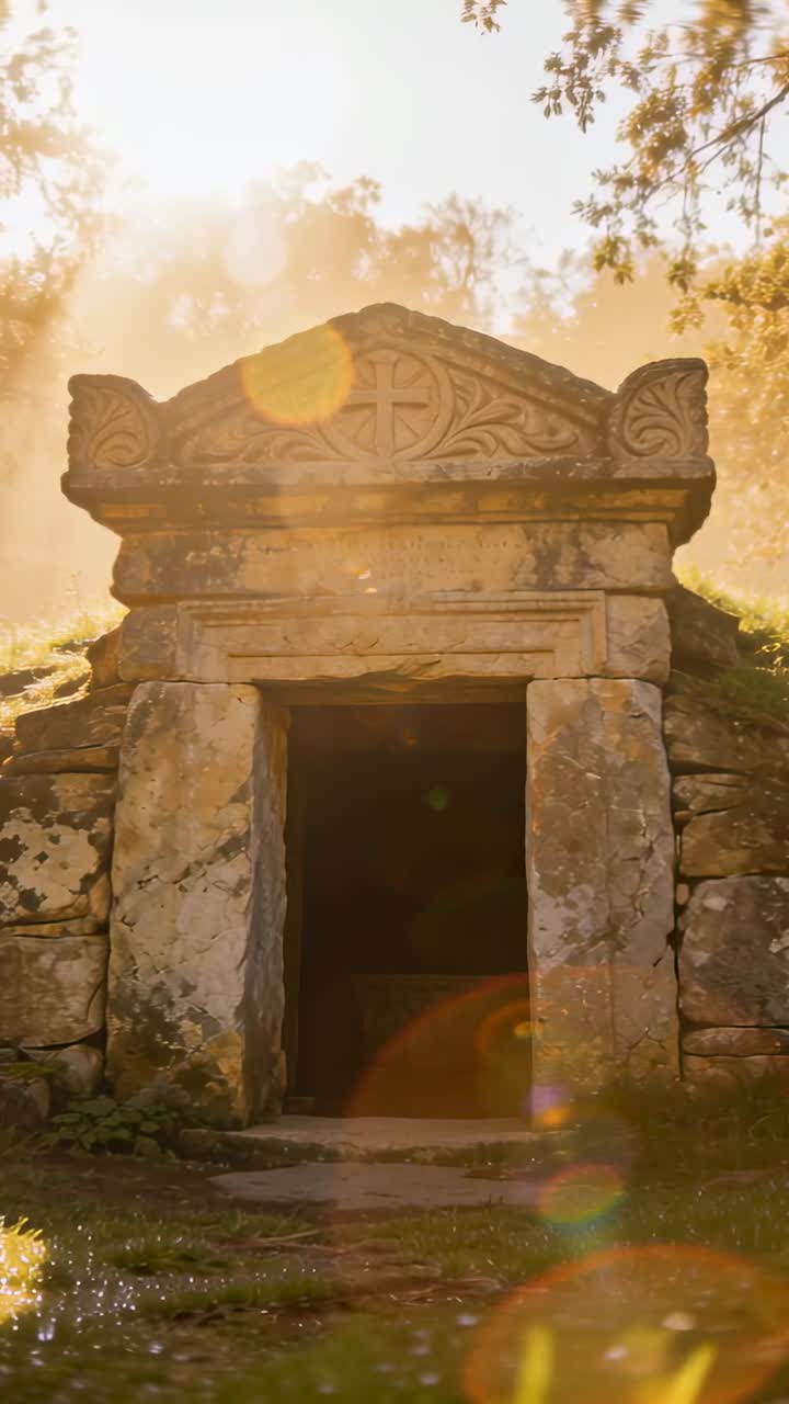 Mostrando la entrada de una antigua cámara de piedra con un frontón tallado brillando en un montículo cubierto de hierba, con destellos de lente.