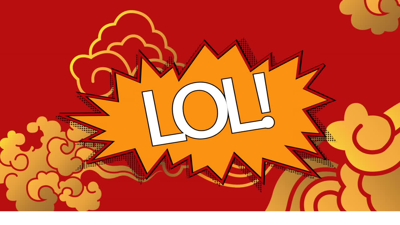 animación de texto lol en burbuja de habla retro sobre patrón oriental amarillo sobre fondo rojo
