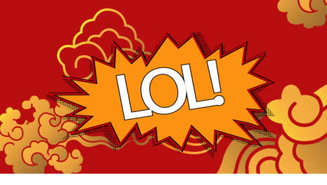 animation of lol text on retro speech bubble over yellow oriental pattern on red background