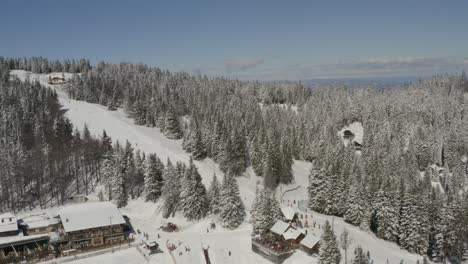 kope winter sports resort with ribnica one track with descending skiers, aerial tilt down approach shot