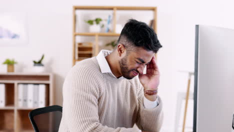 hombre de negocios, dolor de cabeza y dolor en la oficina