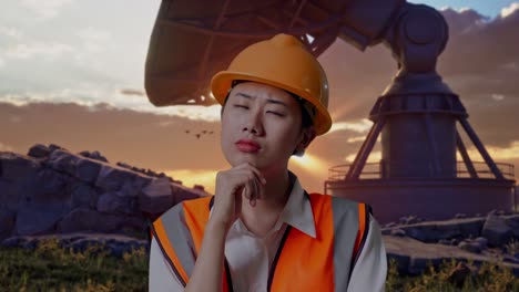 close up of asian female engineer with safety helmet thinking about something and looking around while standing with large satellite dish
