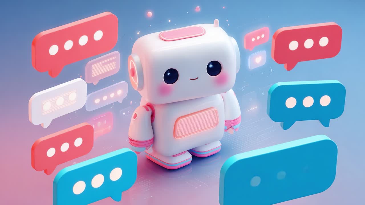 Charmerende interaktiv robotfigur omgivet af farverige talebobler, der eksemplificerer digital kommunikation og moderne teknologi i et legende miljø.