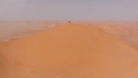 a person standing atop the highest dune in the empty quarters, oman, summer