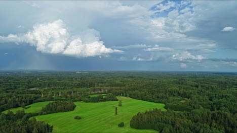aerial drone shot over green forest along rural countryside covered with green vegetation on a cloudy day