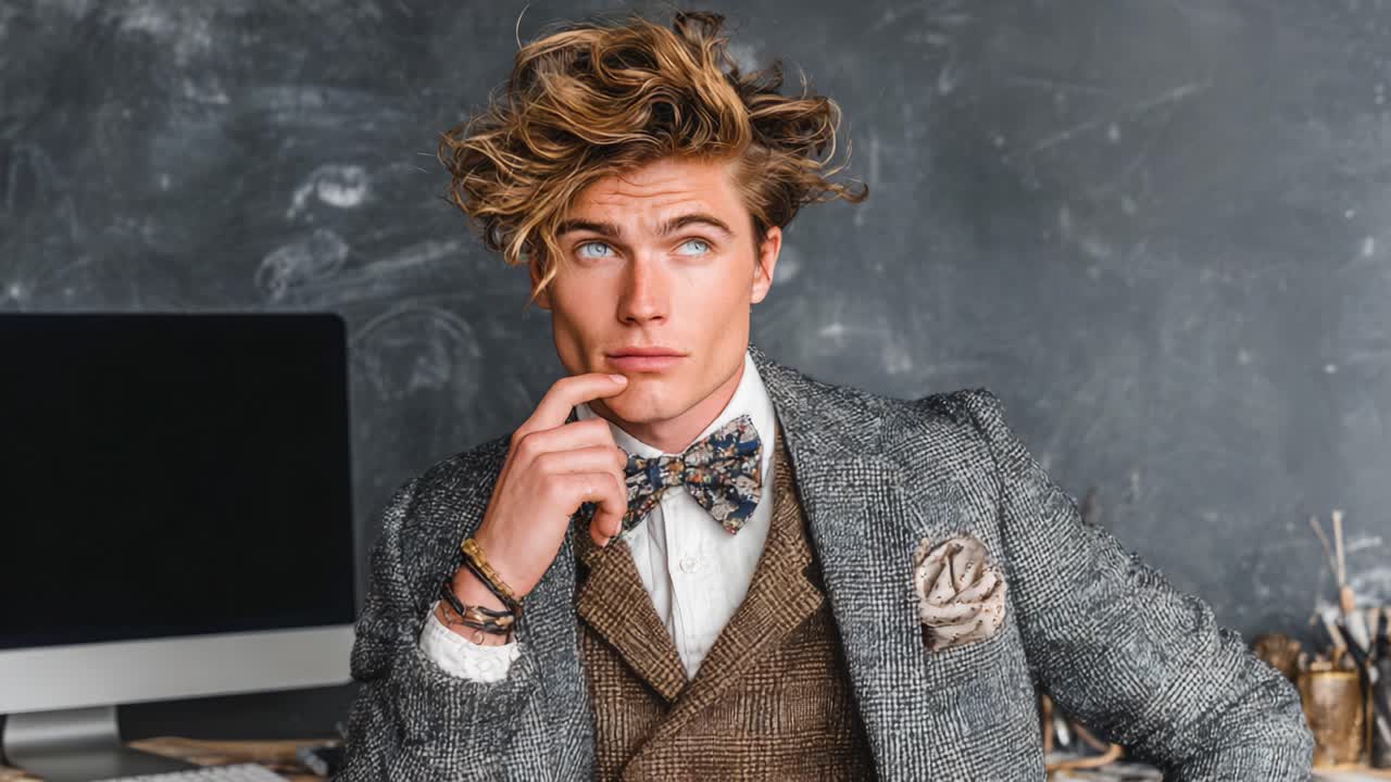 Stylishly Pondering: A Thoughtful Young Man in a Classic Suit with Textured Bow Tie and Elegant Accessories in a Creative Office Environment