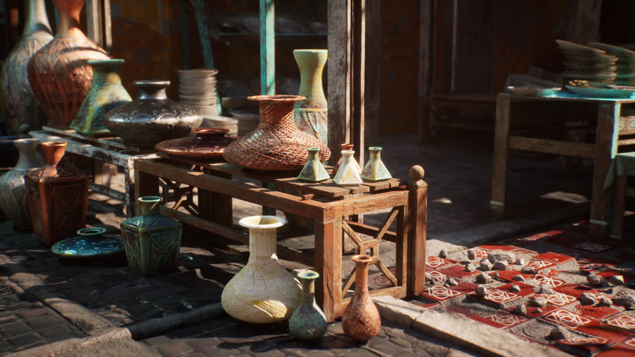 중동 시장 에서 도자기를 파는 거리 판매자