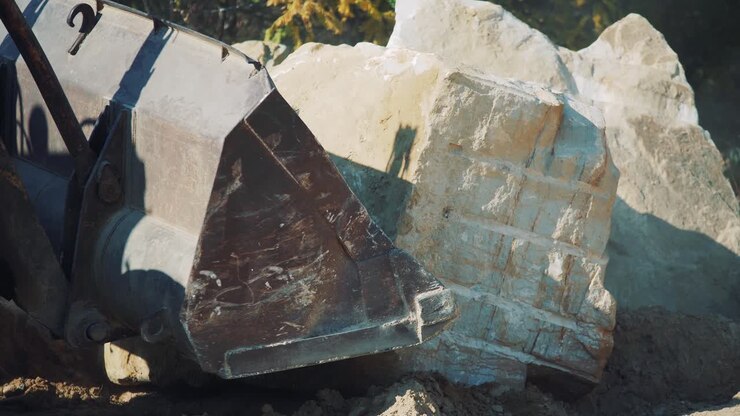 Excavator bucket flips a large granite stone. Close-up. Quarry stone mining