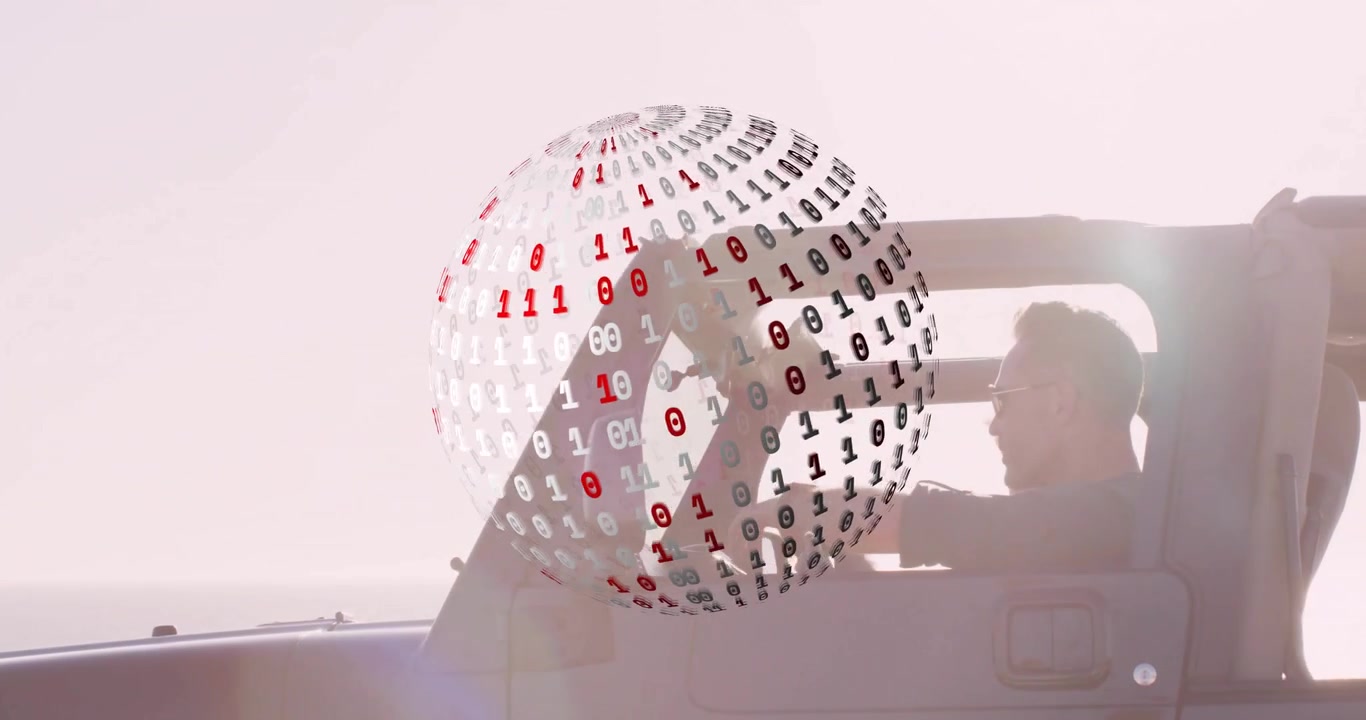 Man Driving Jeep with Digital Binary Code Sphere Overlay