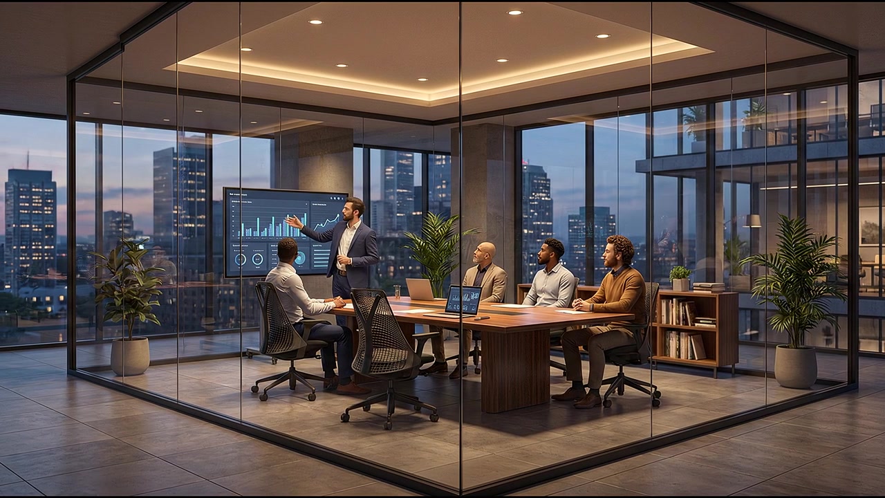 Conference room with professionals gathered around table for executive discussion session