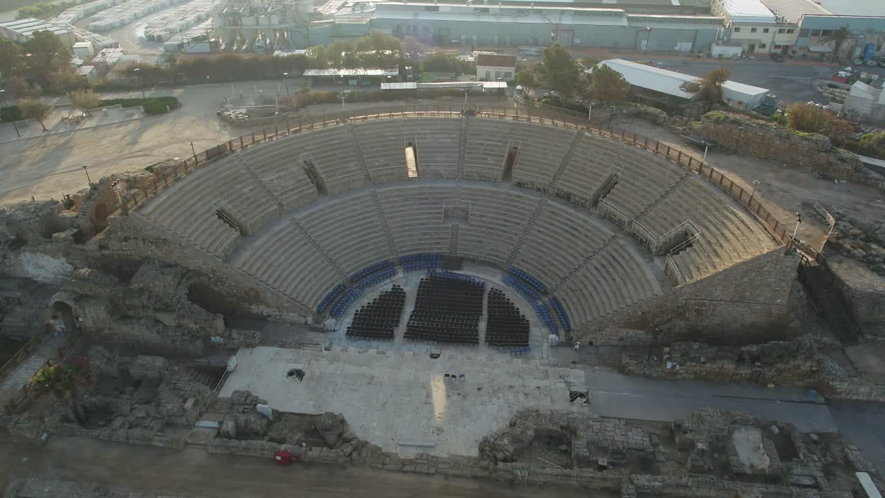 Aerial view of The Roman Amphitheater of Caesarea and the ancient remains of the coastal city of Caesarea, built under Herod the Great during 22&ndash;10 BC