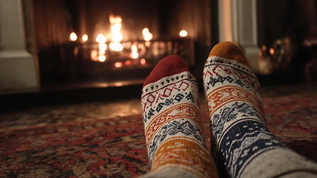 Cozy Evening by the Fireplace: Warm Feet in Colorful Socks as Flames Dance and Flicker in the Background, Creating a Relaxing Ambiance for Winter Nights