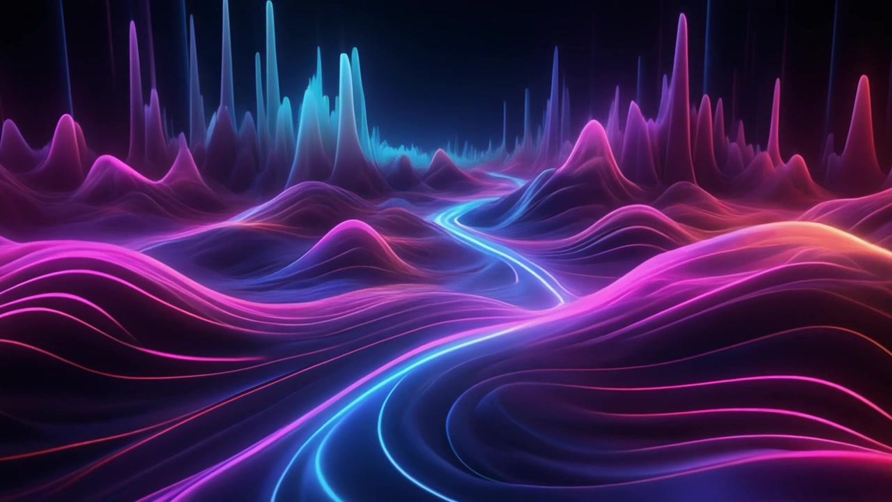 Paesaggio astratto al neon con onde fluenti luminose