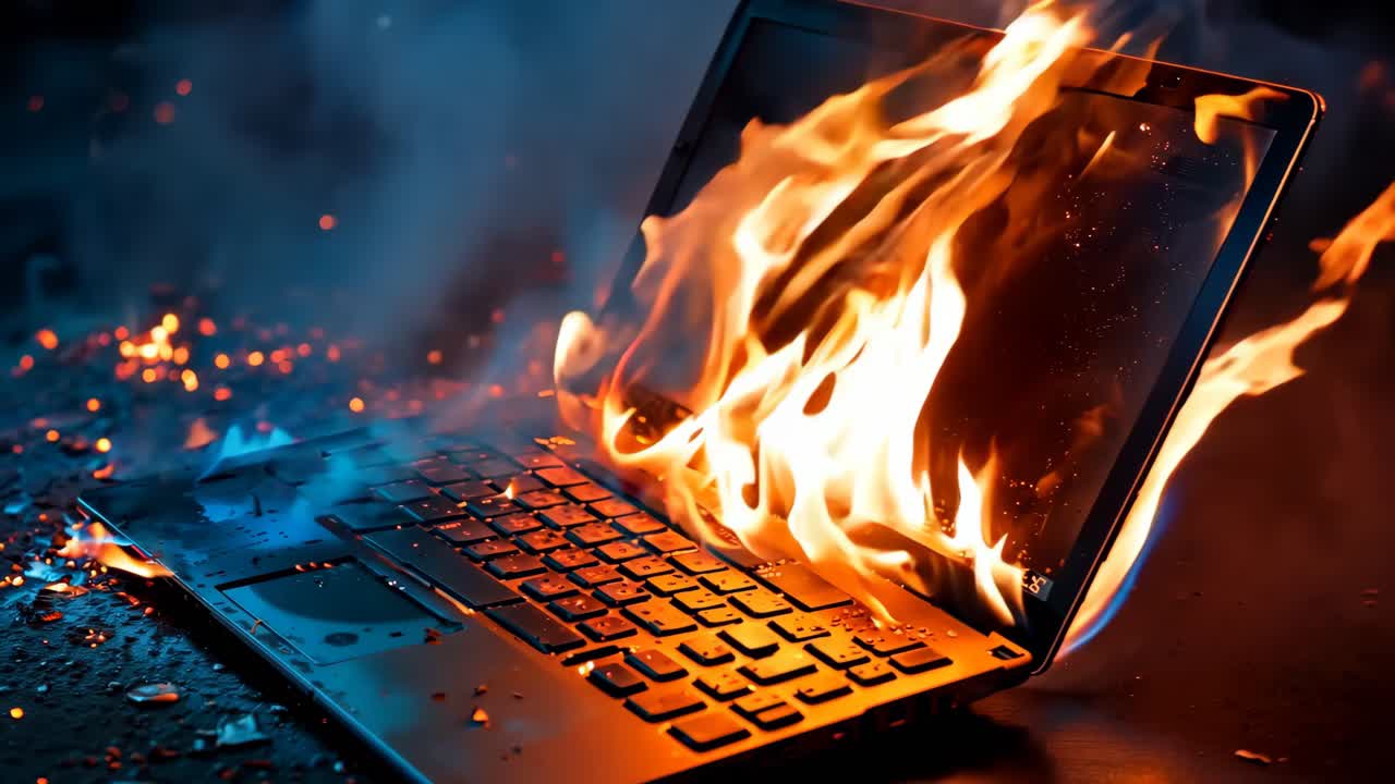 A laptop computer on fire on the ground