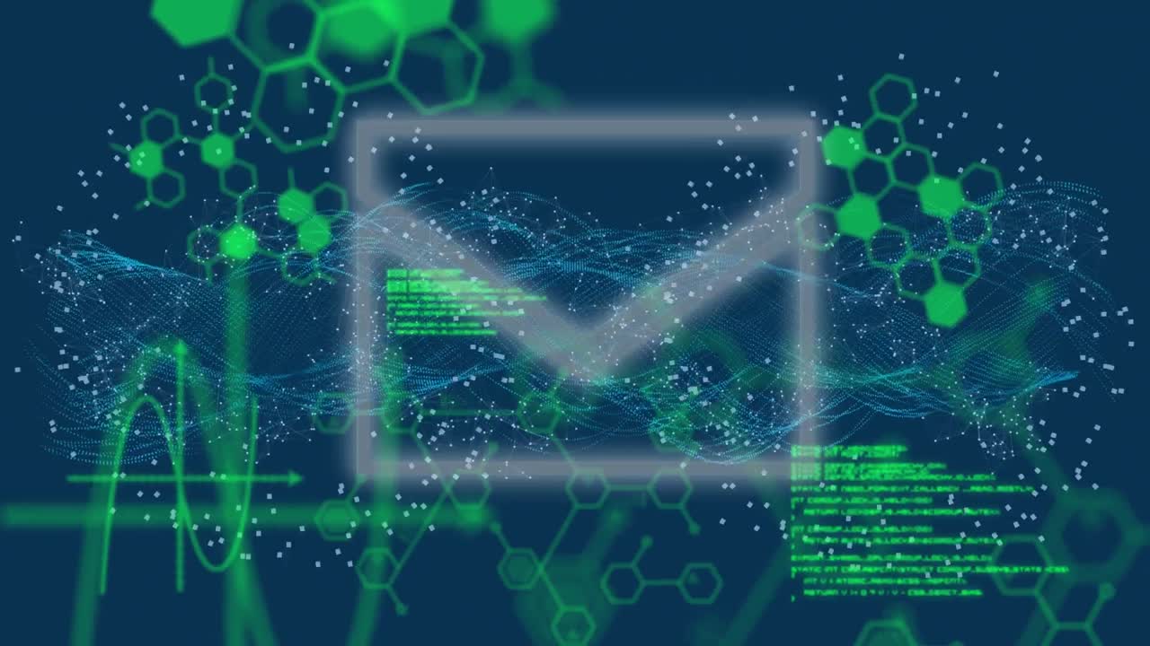 검은색 배경의 데이터 처리에 대한 봉투 아이콘과 모양의 애니메이션