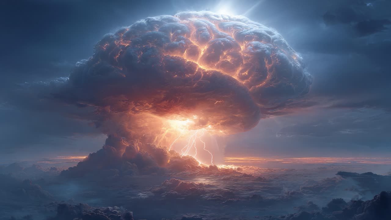 Una rappresentazione mozzafiato di un'enorme nuvola a fungo illuminata che si innalza drammaticamente contro un cielo tempestoso, mostrando una vivida esplosione in un'atmosfera eterea.