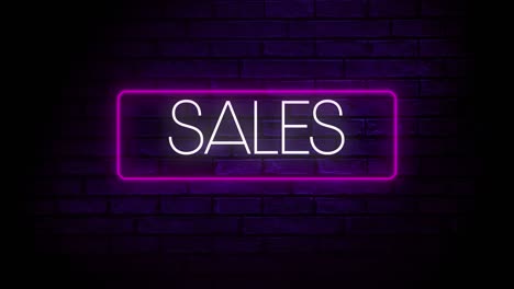 digital animation of sales text in neon rectangle frame against blue brick wall in background