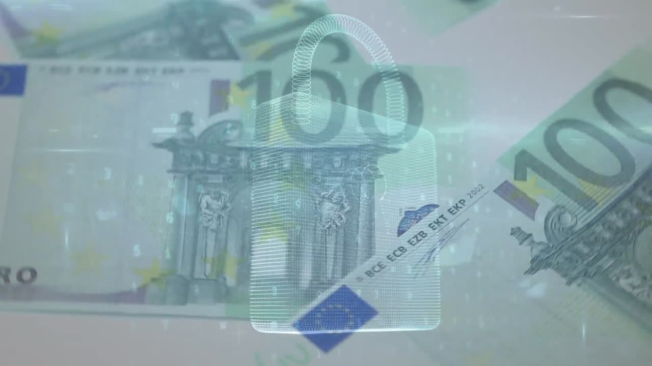 animación de la red de conexiones y el candado de seguridad sobre los billetes en euros que caen