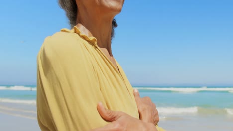 side view of happy active senior african american woman with arms crossed standing on the beach 4k