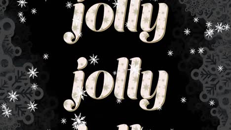 animation of jolly text in repetition at christmas and snow falling on black background