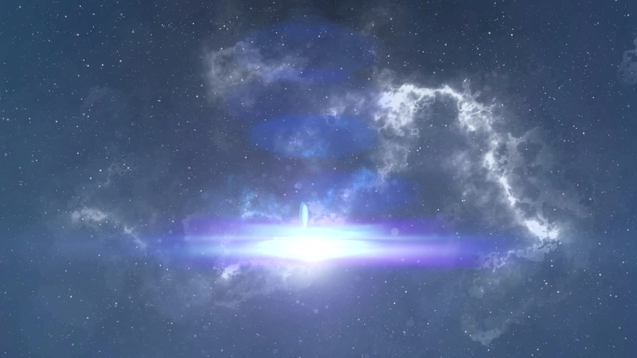 밤하늘의  ⁇ 색과 파란색 성운 위에 움직이는 빛의  ⁇  점