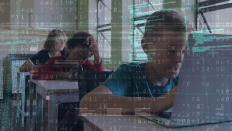 animation of data processing over diverse schoolchildren using laptop