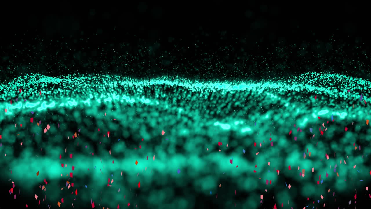 Digital animation of colorful confetti falling over green digital waves against black background