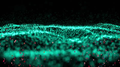 animación digital de confeti colorido que cae sobre ondas digitales verdes contra un fondo negro