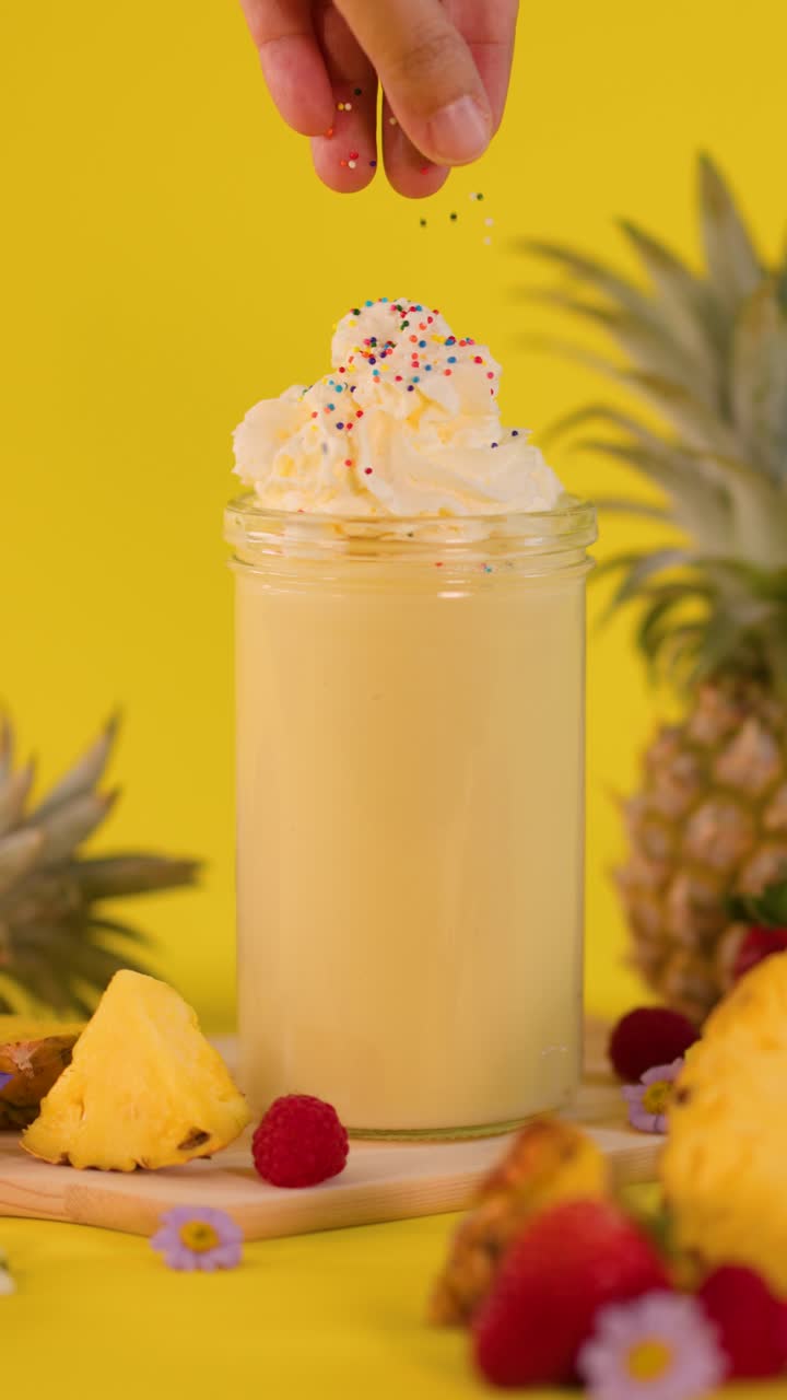 Una mano aggiunge codette colorate a un frullato all'ananas con panna montata, circondato da frutta fresca e illuminazione brillante.
