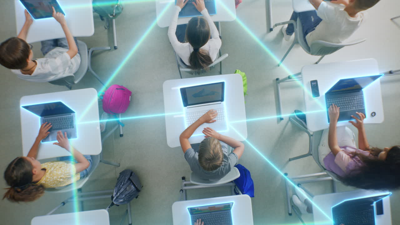 Kids With Laptops Surrounded By Light Digital Lines