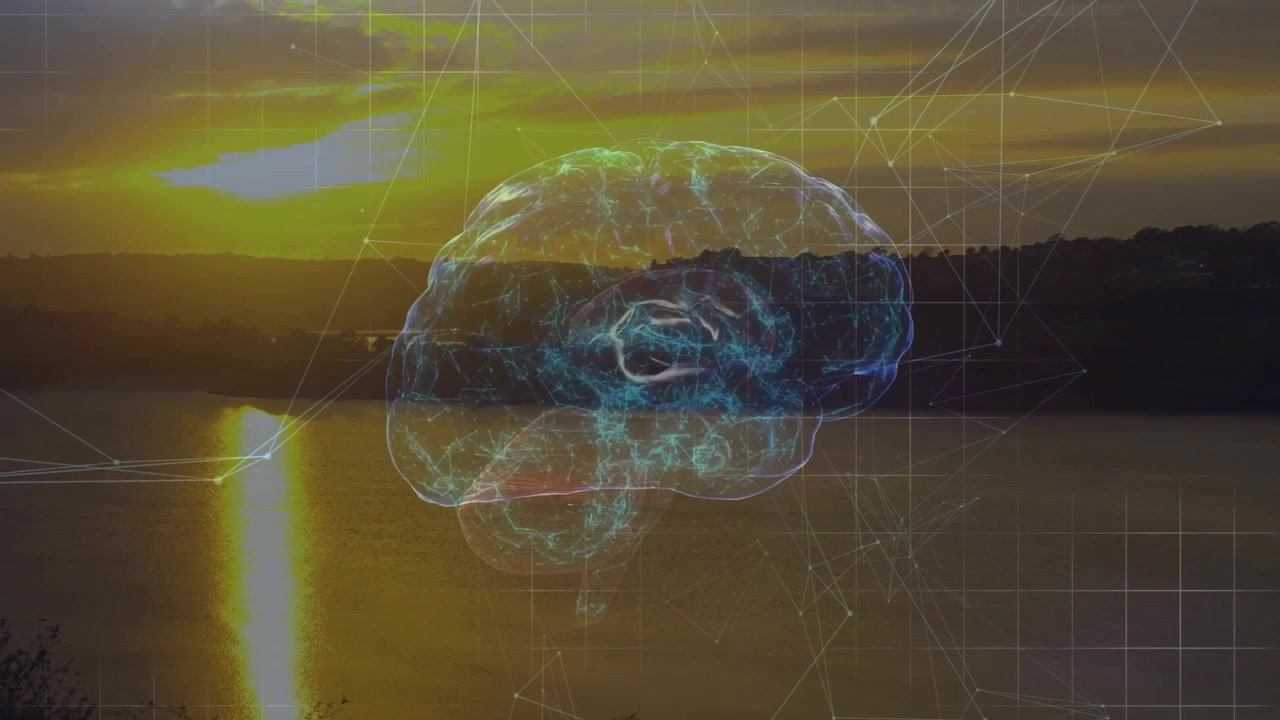 Translucent digital brain hologram floating above lake sunset, showing neural network glow in 3D