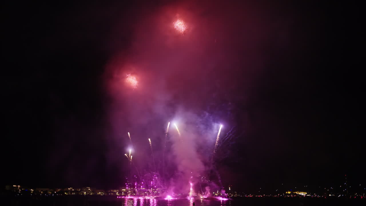 Fireworks at the Cannes Fireworks Festival at night, France, slow motion