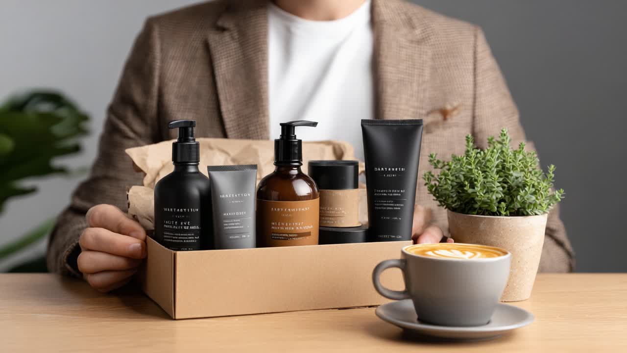 Showcasing a Stylish Gift Box of Skincare Products Alongside a Cozy Cup of Coffee, Perfect for Self-Care or Gifting to Loved Ones