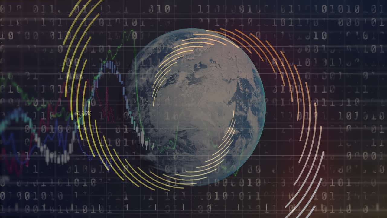 animación de rastros de luz sobre el globo con codificación binaria