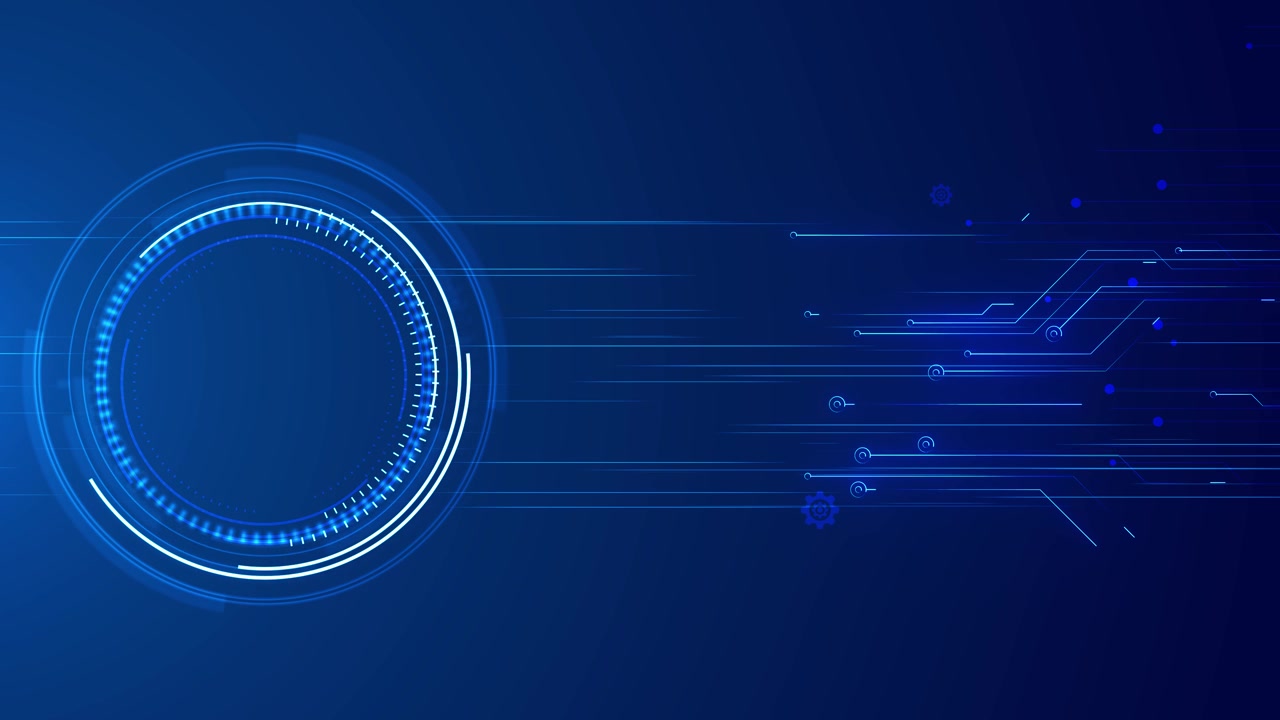 Cyan circular interface speed visual with bright hud gauge flowing circuit paths and modern