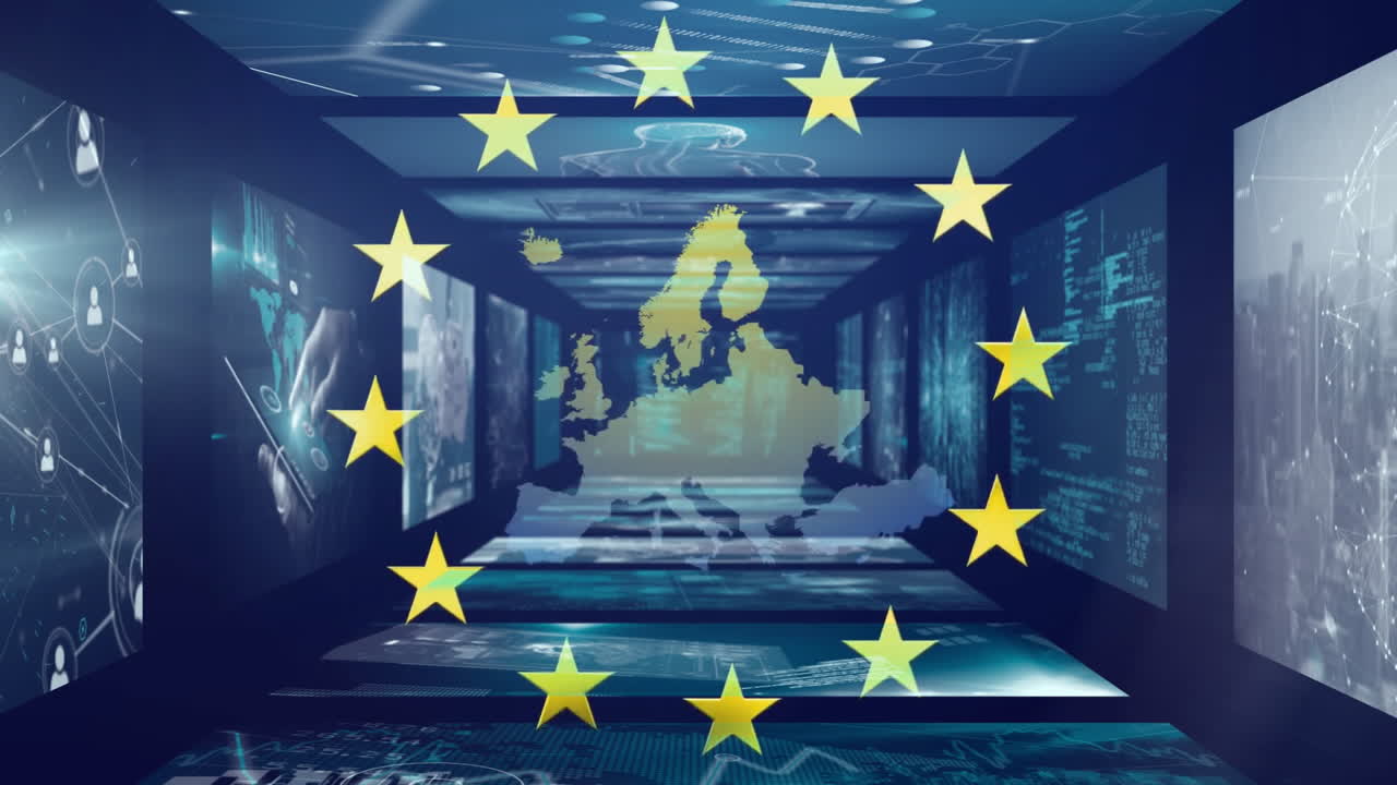 Animation of European Union stars with digital map and data processing graphics