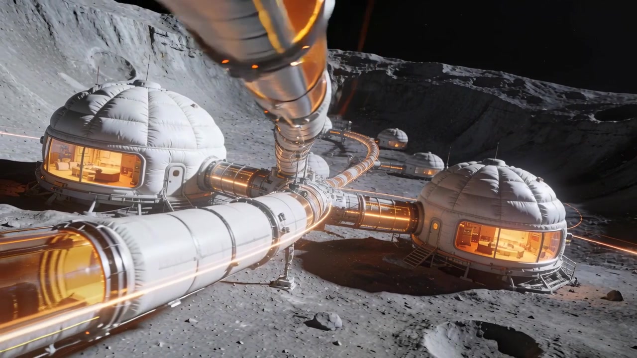 Iniciando a passagem, câmera fazendo um panorama sobre cratera lunar, revelando domos e tubos para pesquisa.