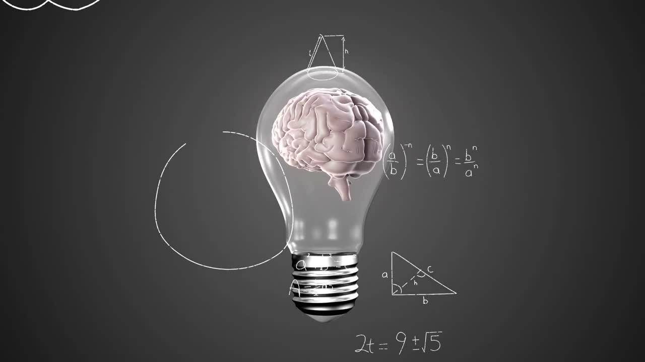 Animation of human brain in light bulb over mathematical equation and diagram on gray background