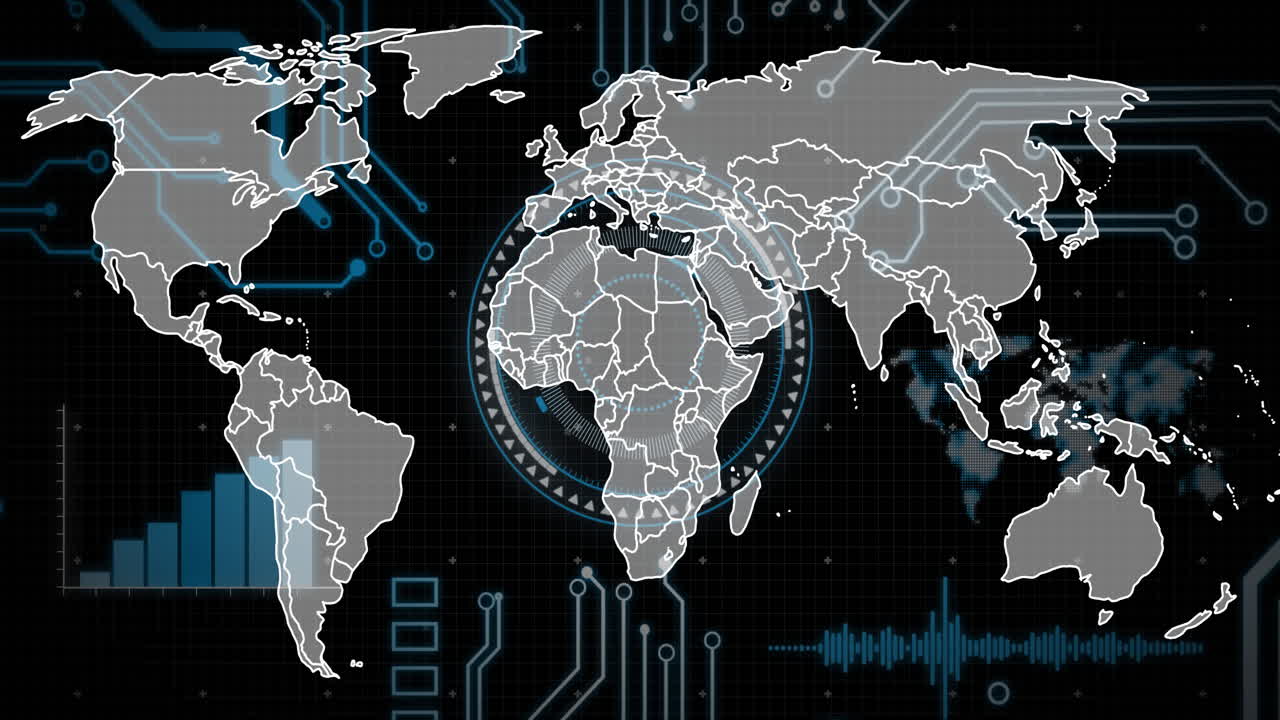 World map with data visualization and circuit board animation