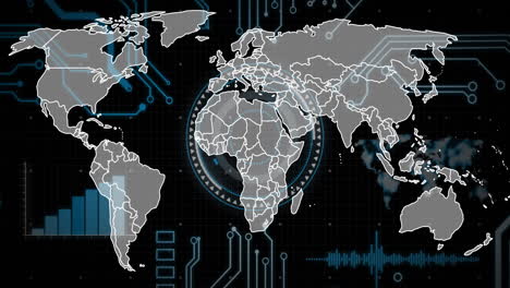 world map with data visualization and circuit board animation