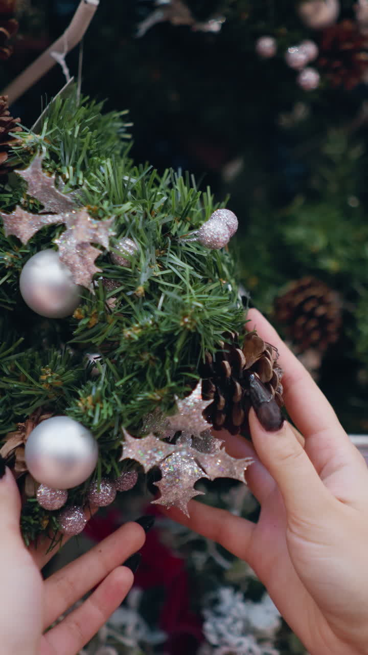 mujer joven con cabello largo y marrón con camisa negra y gafas de sol mirando coronas de navidad decoradas con adornos de plata, piñas y cintas festivas en vacaciones