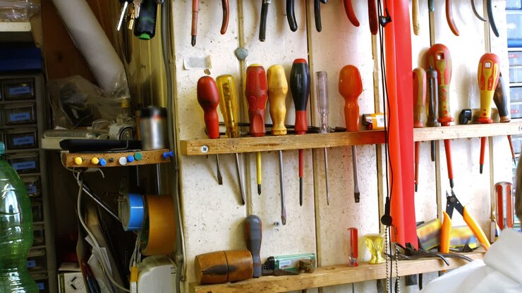 Horologists workshop with clock repairing tools and equipments on wall