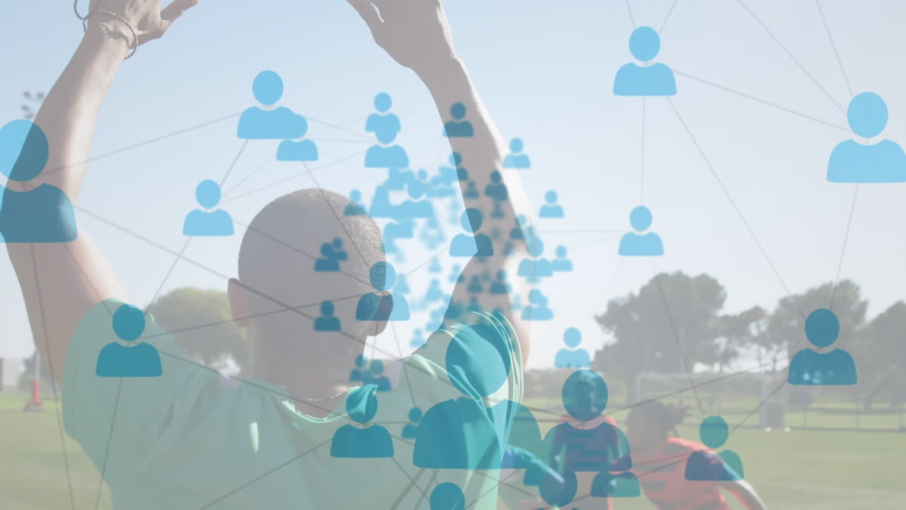 축구 선수들이 연습하는 사람들과의 연결 네트워크의 애니메이션 아이콘