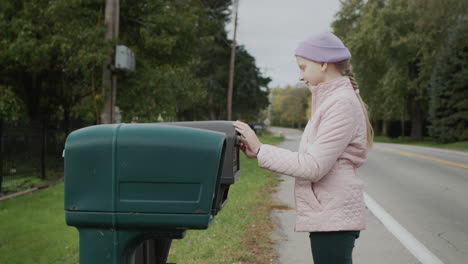 a child picks up letters from a street mailbox in a us suburb. side view