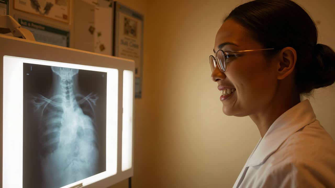 Studying lit chest x-ray, doctor in lab coat, glasses turning for review at viewer, copy space