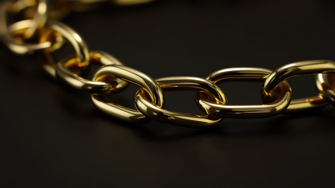 Primer plano de cadena de oro sobre fondo negro mostrando eslabones lisos y pulidos con un brillo cálido, creado por luces de estudio.