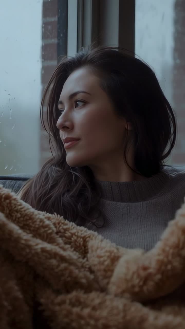 Video verticale: Una donna che guarda si gira vicino alla finestra mentre la pioggia attira il suo sguardo, avvolta in una coperta color cammello, con spazio per il testo.