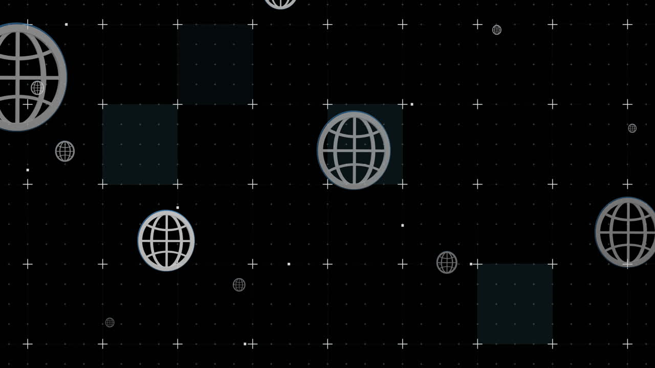 Animation of globe icons and data processing over grid and dark background