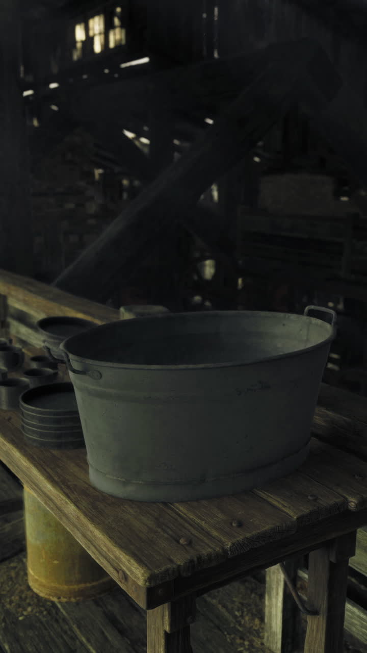 Rustic interior of an old barn showcasing wooden beams and vintage tools